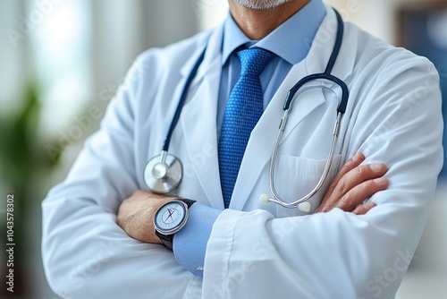 Doctor with Stethoscope and Watch Standing with Arms Crossed photo