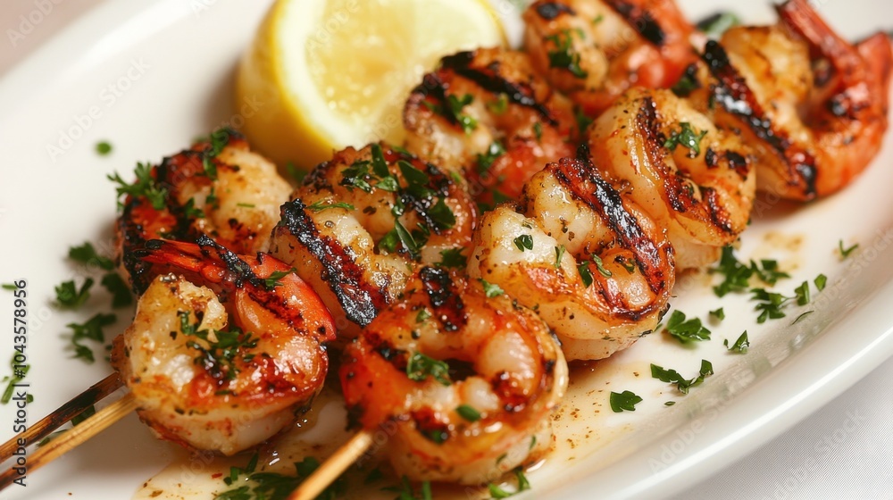 Freshly grilled shrimp skewers with garlic butter, garnished with parsley and lemon. Freshly grilled shrimp skewers with garlic butter, garnished with parsley and lemon.