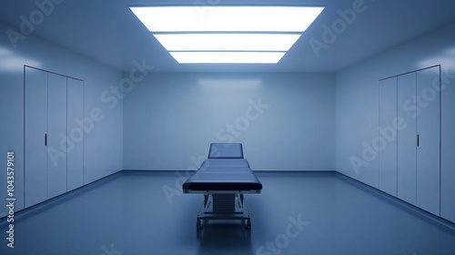 A sterile, minimalist examination room with a medical table under bright lighting.