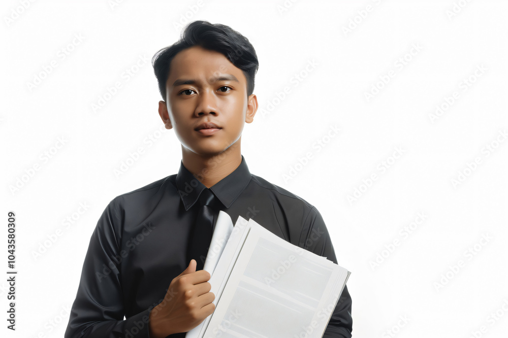 Lawyer is holding legal documents in his hands while standing in front of a white background Lawyer is holding legal documents in his hands while standing in front of a white background
