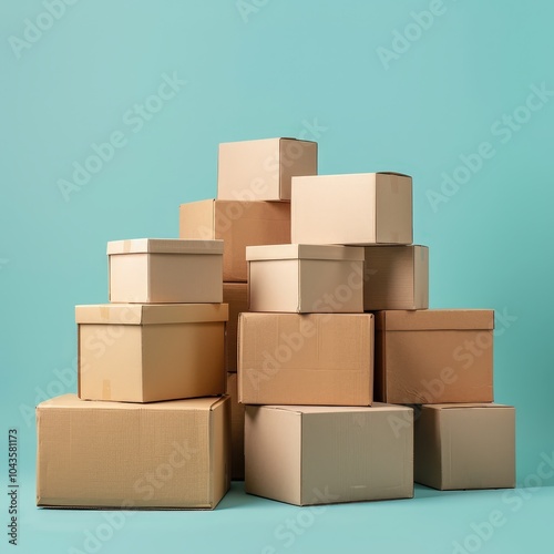 A stack of various cardboard boxes on a teal background, ideal for packaging or shipping concepts.