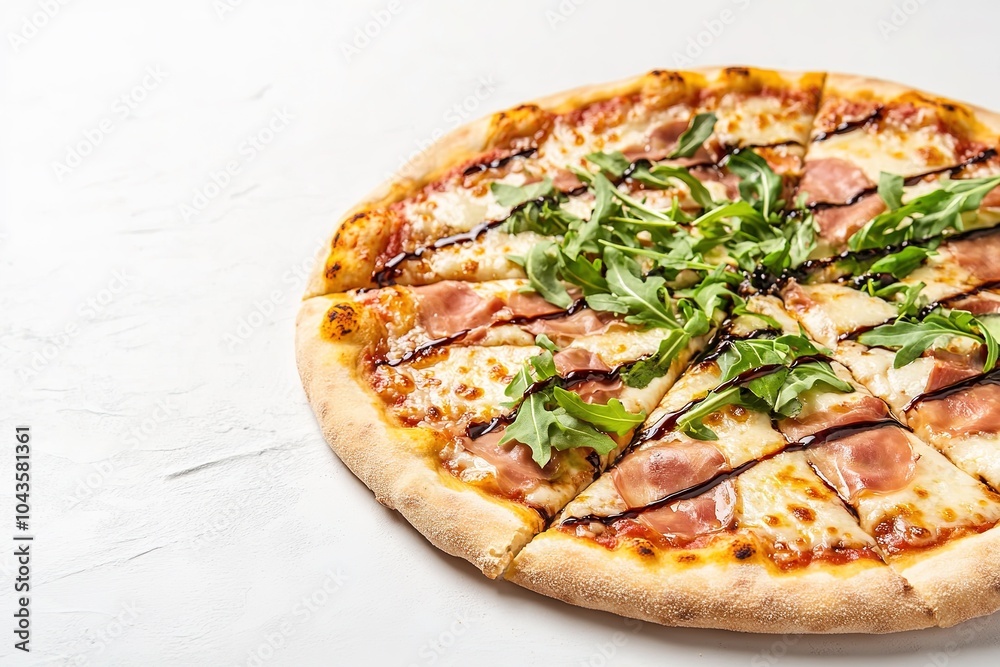 Fresh pizza with arugula and ham on white background Fresh pizza with arugula and ham on white background