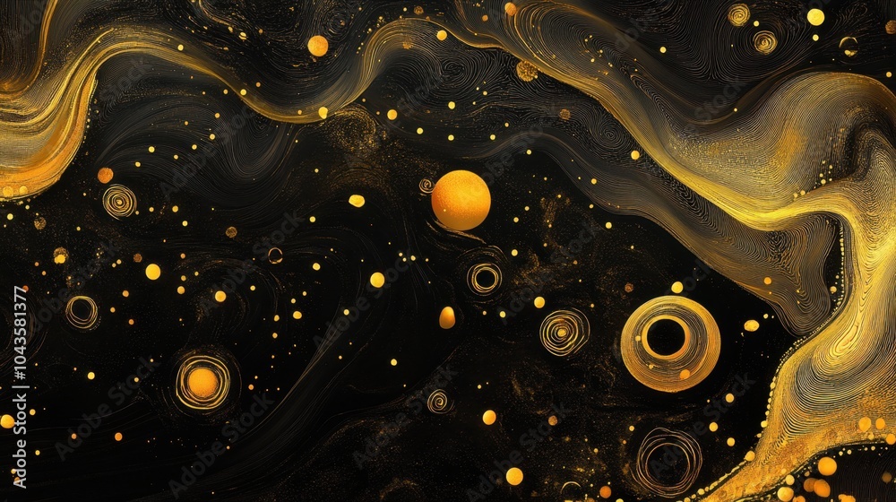 Golden spirals and dots floating over a black background, creating a detailed and luxurious abstract scene. Golden spirals and dots floating over a black background, creating a detailed and luxurious abstract scene.