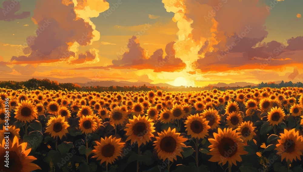 Fototapeta premium A vibrant sunflower field basking in the golden glow of sunset, with tall and wide blooms reaching towards the sky