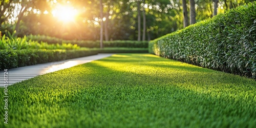 A bright green lawn with a path and hedge, basking in the soft glow of sunlight filtering through trees