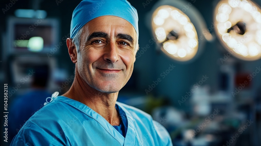 portrait of a professional doctor smiling at the camera with blue suit in operating room portrait of a professional doctor smiling at the camera with blue suit in operating room
