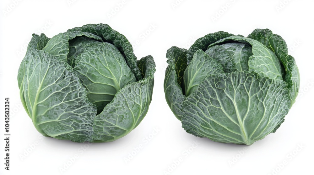 Fototapeta premium Fresh green cabbages arranged side by side, showcasing their textured leaves and vibrant color.