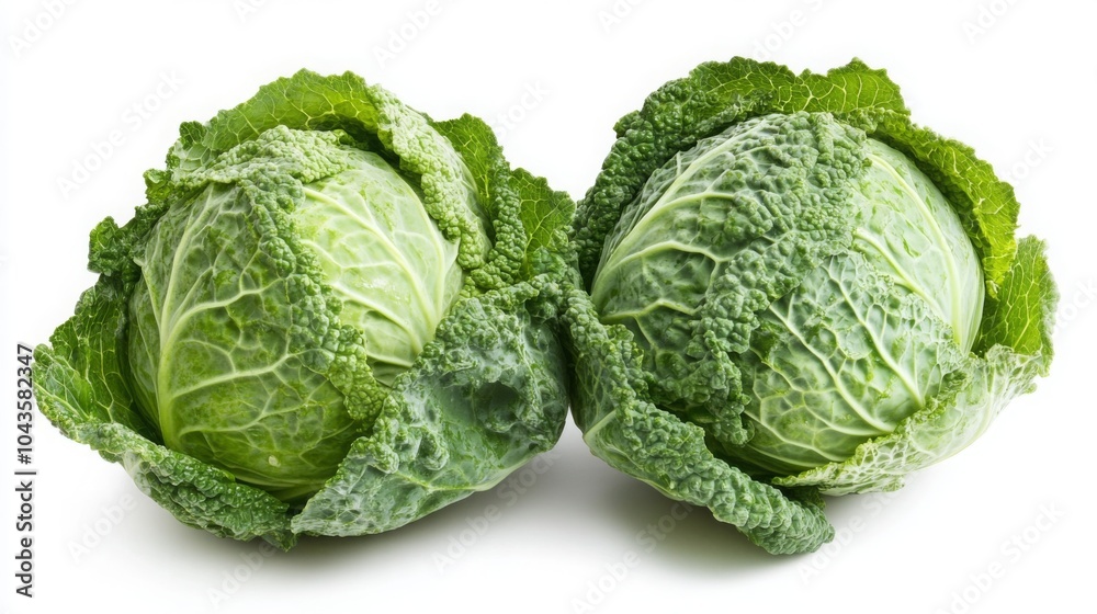 Fototapeta premium Two fresh, vibrant green cabbages with tightly wrapped leaves, indicative of health and organic produce.