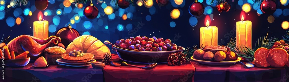 Obraz premium A beautifully arranged festive table filled with delicious food, fruits, and glowing candles, ideal for celebrations and gatherings.