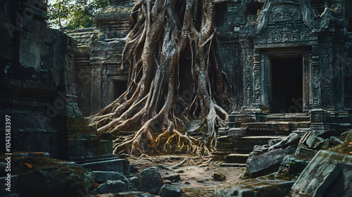 Ancient tree roots overtaking abandoned ruins,blending nature and history. Forgotten Ruins. Illustration photo