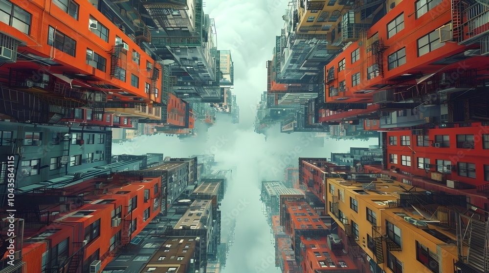 Naklejka premium Parallel Universe City An Upended Architectural Landscape of Symmetry and Contrast