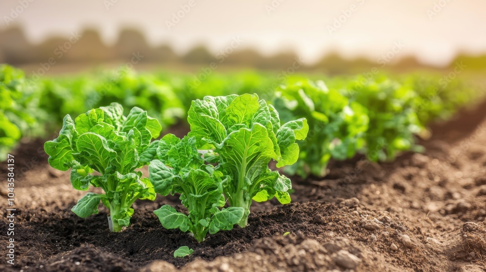 A vibrant field of young green lettuce sprouts thriving in well-tilled soil, illuminated by warm sunlight, showcasing healthy growth. A vibrant field of young green lettuce sprouts thriving in well-tilled soil, illuminated by warm sunlight, showcasing healthy growth.