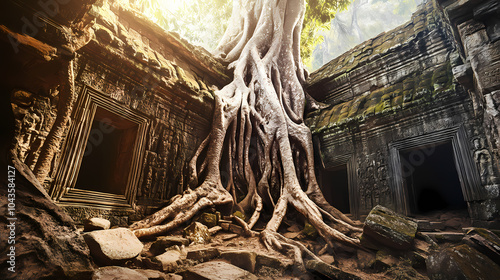 Ancient tree roots overtaking abandoned ruins,blending nature and history. Forgotten Ruins. Illustration photo