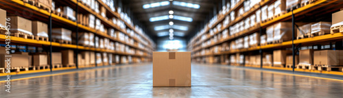 Wallpaper Mural spacious warehouse with neatly aligned shelves and single box in focus Torontodigital.ca