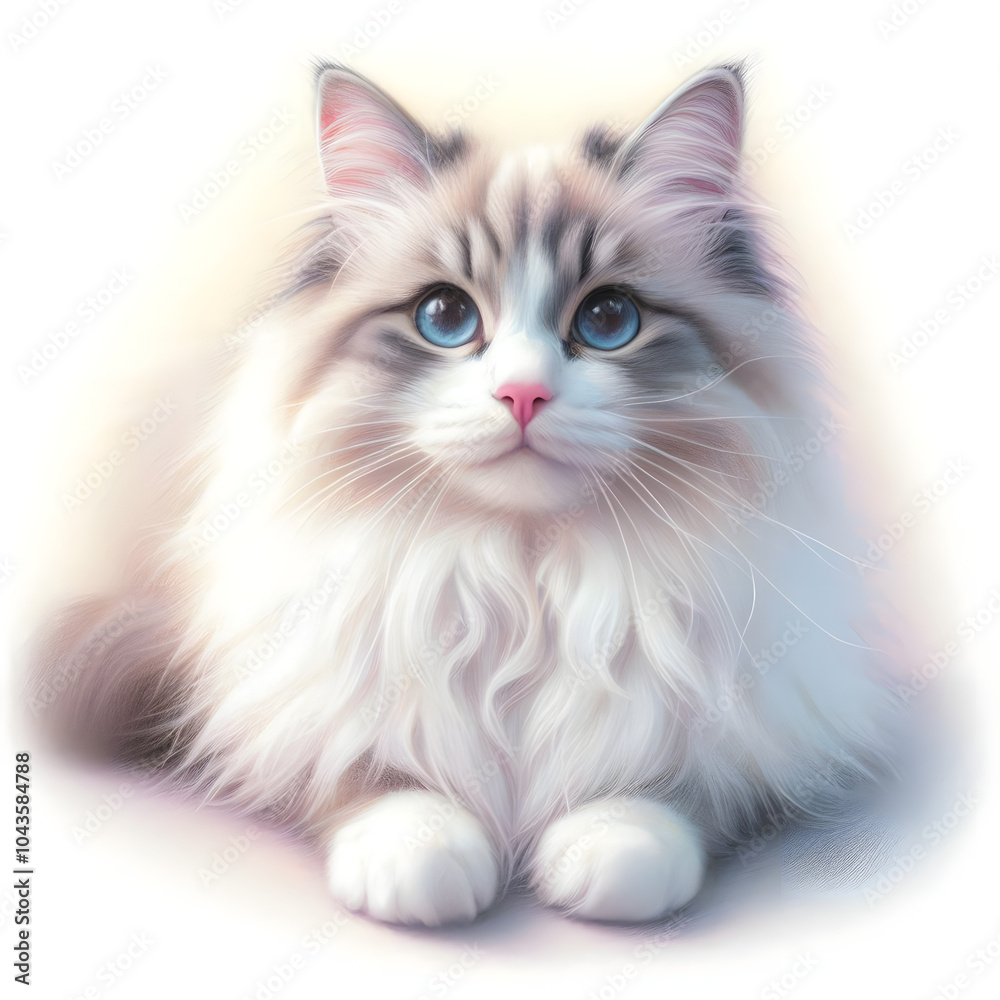 흰 배경, 랙돌, 파스텔화 (white background, Ragdoll cat, pastel painting)