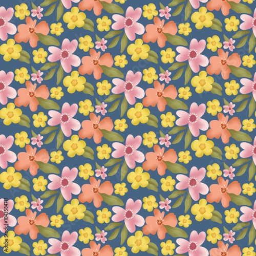 seamless hawaian floral pattern with pursian blue background photo