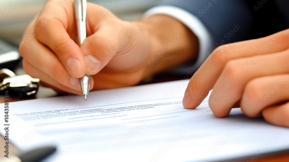 Hands signing a purchase agreement for a car, with a detailed view of the contract and keys in the background. Hands signing a purchase agreement for a car, with a detailed view of the contract and keys in the background.