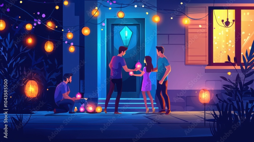 A vibrant evening gathering with friends, illuminated by colorful lanterns and playful interactions outdoors. A vibrant evening gathering with friends, illuminated by colorful lanterns and playful interactions outdoors.
