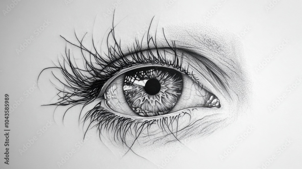 Obraz premium Highly detailed black line tattoo of an eye with intricate lashes, realistic on a smooth white surface.