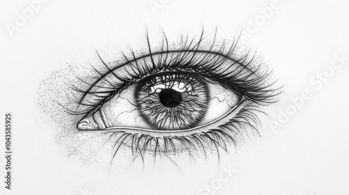 Highly detailed black line tattoo of an eye with intricate lashes, realistic on a smooth white surface.