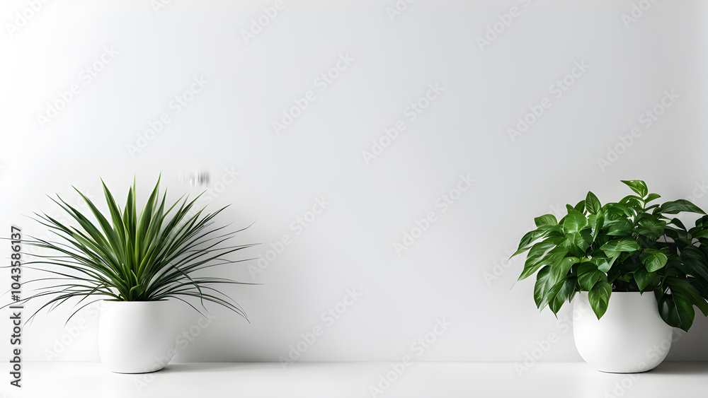 Green plant in white pot on white wall background.
