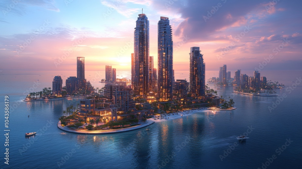 Fototapeta premium The vibrant skyline comes alive as the sun sets, casting colorful reflections on the water. Skyscrapers tower above lush green islands, creating a breathtaking coastal landscape.