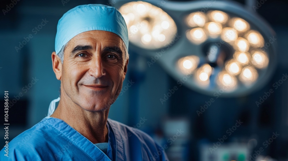 portrait of a professional doctor smiling at the camera with blue suit in operating room portrait of a professional doctor smiling at the camera with blue suit in operating room