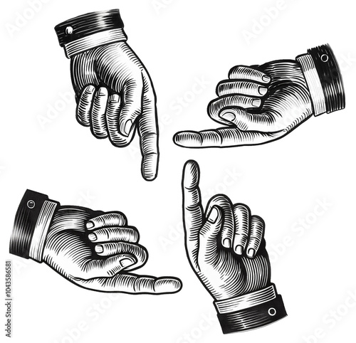 Male hands with extended index fingers pointing in four different directions. Line drawing, retro style.