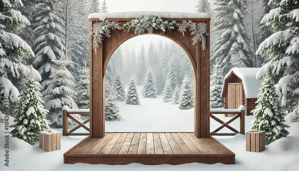 Snowy Outdoor Winter Forest Scene Mockup with Large Empty Wooden Archway for Text or Product Placement. AI-generated Snowy Outdoor Winter Forest Scene Mockup with Large Empty Wooden Archway for Text or Product Placement. AI-generated