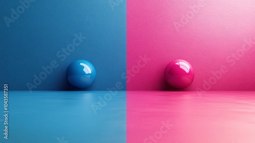 Two balls, one blue and one pink, are sitting on a blue and pink wall