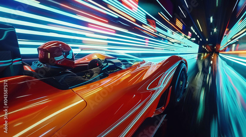 Futuristic sports car drives fast on highway at night, shiny auto moves on street or track. Luxury racing vehicle on city road. Concept of speed, motion, technology, light