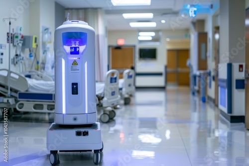 Automatic sanitizer dispensing robot in a hospital,A hospital hallway with a prominent white medical device, illustrating a modern and efficient medical facility.