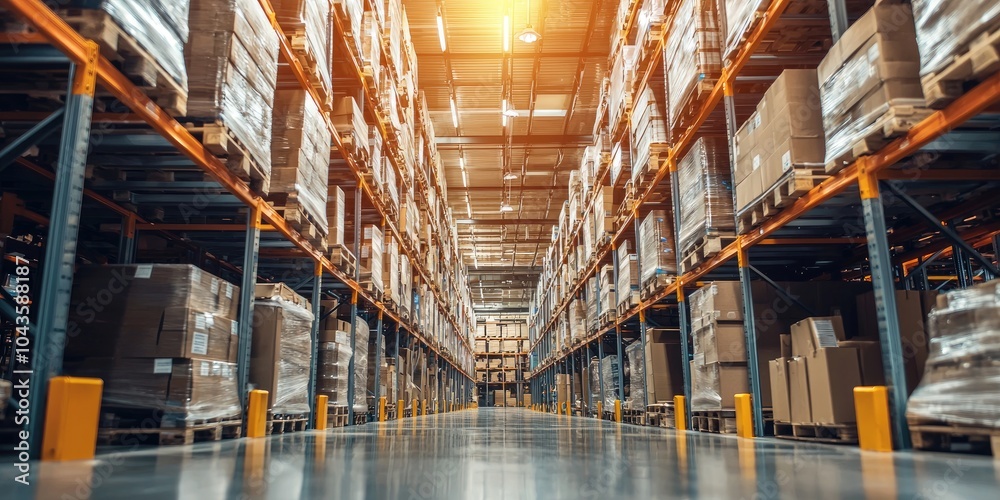 Well-organized warehouse with clearly labeled aisles, robotic pickers, and a tidy, streamlined environment to maximize efficiency. Well-organized warehouse with clearly labeled aisles, robotic pickers, and a tidy, streamlined environment to maximize efficiency.