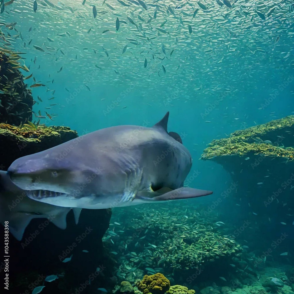 Obraz premium An enormous great white shark swimming through the deep blue