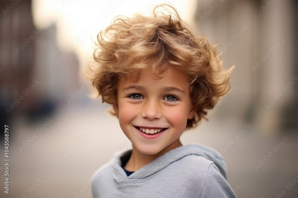 Portrait of a smiling little boy with curly hair in the city Portrait of a smiling little boy with curly hair in the city