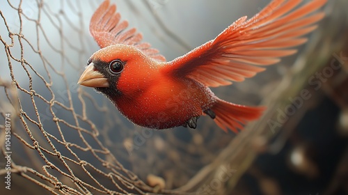 Red Bird in Flight Caught Mid-Escape in a Net