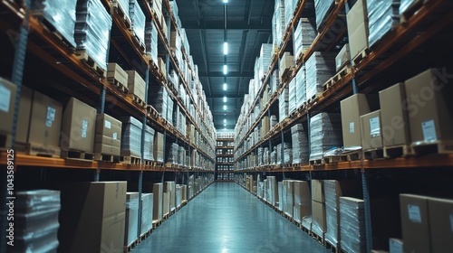 An aisle in a large warehouse with shelves full of boxes.