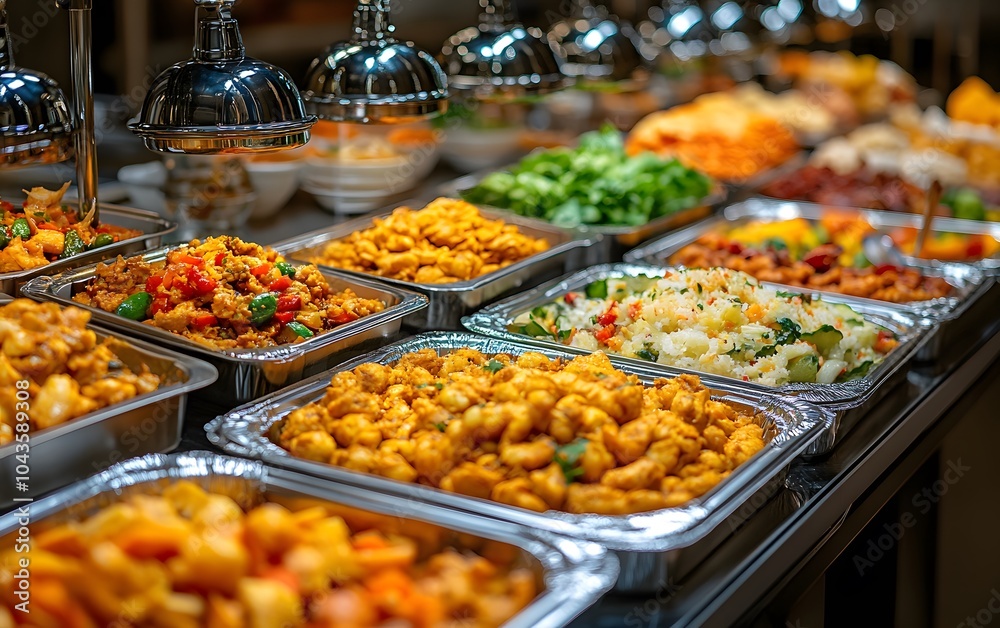 A vibrant buffet display featuring a variety of colorful dishes and fresh ingredients. A vibrant buffet display featuring a variety of colorful dishes and fresh ingredients.