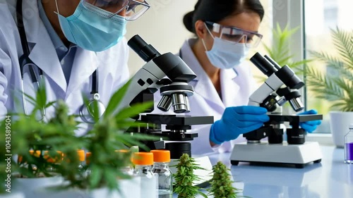 Scientists wearing masks and gloves are analyzing medical cannabis plants in a laboratory, developing new pharmaceutical products