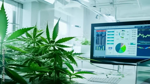 Cannabis plants are growing in a modern laboratory with a computer displaying scientific data. This concept illustrates the growing cannabis industry
