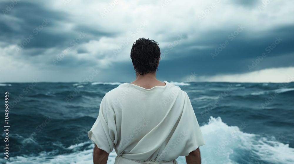 Man Facing the Storm: A lone figure stands bravely against a raging sea, facing the elements head-on with unwavering determination. Man Facing the Storm: A lone figure stands bravely against a raging sea, facing the elements head-on with unwavering determination.