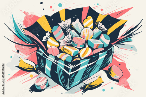 Colorful Candy Assortment in Artistic Gift Box Illustration