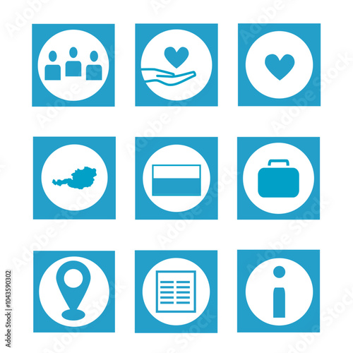 Business and Social Interaction Icon Set: contacts, helping hand with a heart, Austria outline, flag, briefcase, navigation pin, lined paper, information. Perfect for projects, charity, mapping, apps