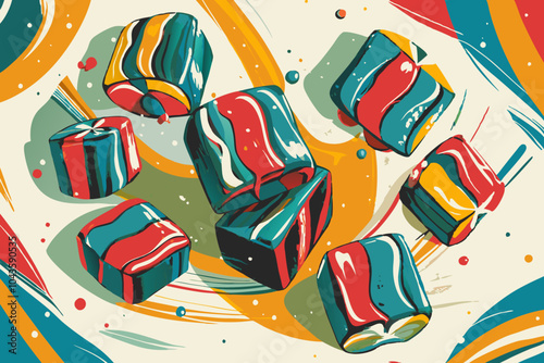 Vibrant Abstract Candy Illustration Bursting with Color and Movement
