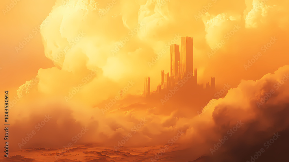 Fototapeta premium Fantasy desert landscape, featuring a massive sandstorm and a distant futuristic fortress under an orange sky. Sky Fortress. Illustration