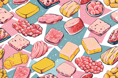 Colorful Assortment of Hand-Drawn Deli Meats and Cheeses Pattern