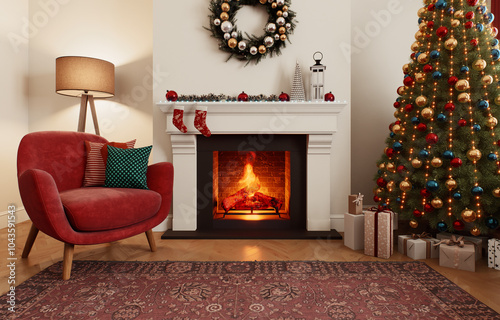 Cozy Christmas living room with festive decor and a beautiful fireplace