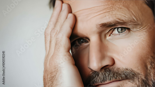 Close-up portrait of a thoughtful man with hand on face, conveying introspection and emotion