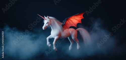 Mythical creature, unicorn with red wings, surrounded by mystical smoke. photo