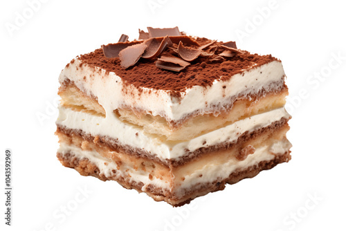 Tiramisu cake slice isolated on transparent or white background, png